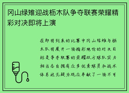 冈山绿雉迎战枥木队争夺联赛荣耀精彩对决即将上演